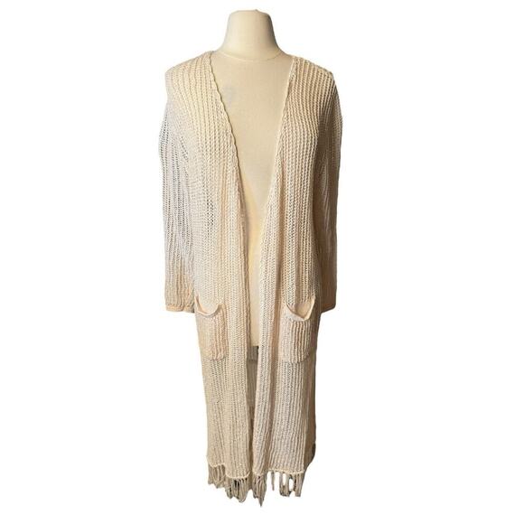 POL Open Knit Long Duster Cardigan Fringe Hem Cream Boho Large Pockets Western - Picture 1 of 8